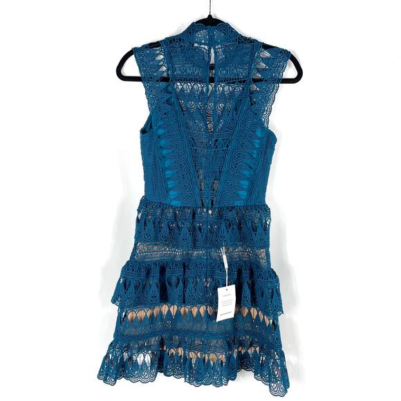 Self-Portrait Guipure Lace Mini Dress Teal Tiered Sleeveless Teardrop Sz 2 - Picture 9 of 16